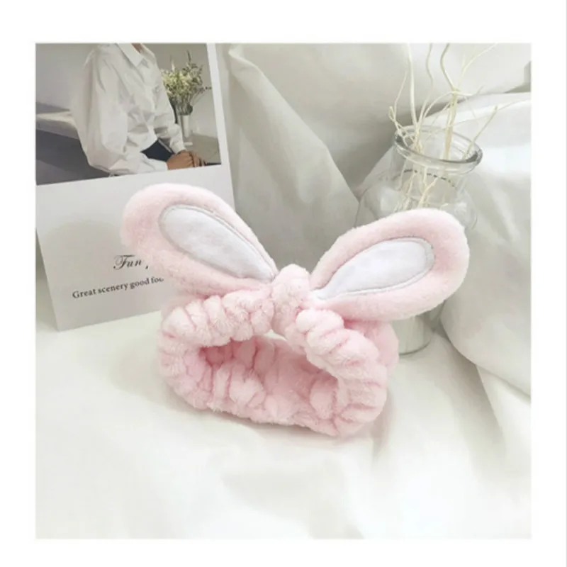 

1Pcs Pink Makeup Headband Candy Color Washing Face Turban Rabbit Ears Hairband Women Head Wrap Soft Coral Fleece Makeup Tools