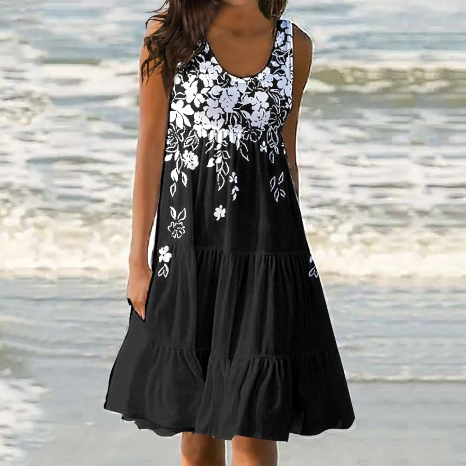 

Женское платье-трапеция в стиле бохо, с цветочным принтом, до колена, летнее пляжное повседневное свободное платье без рукавов, 2023