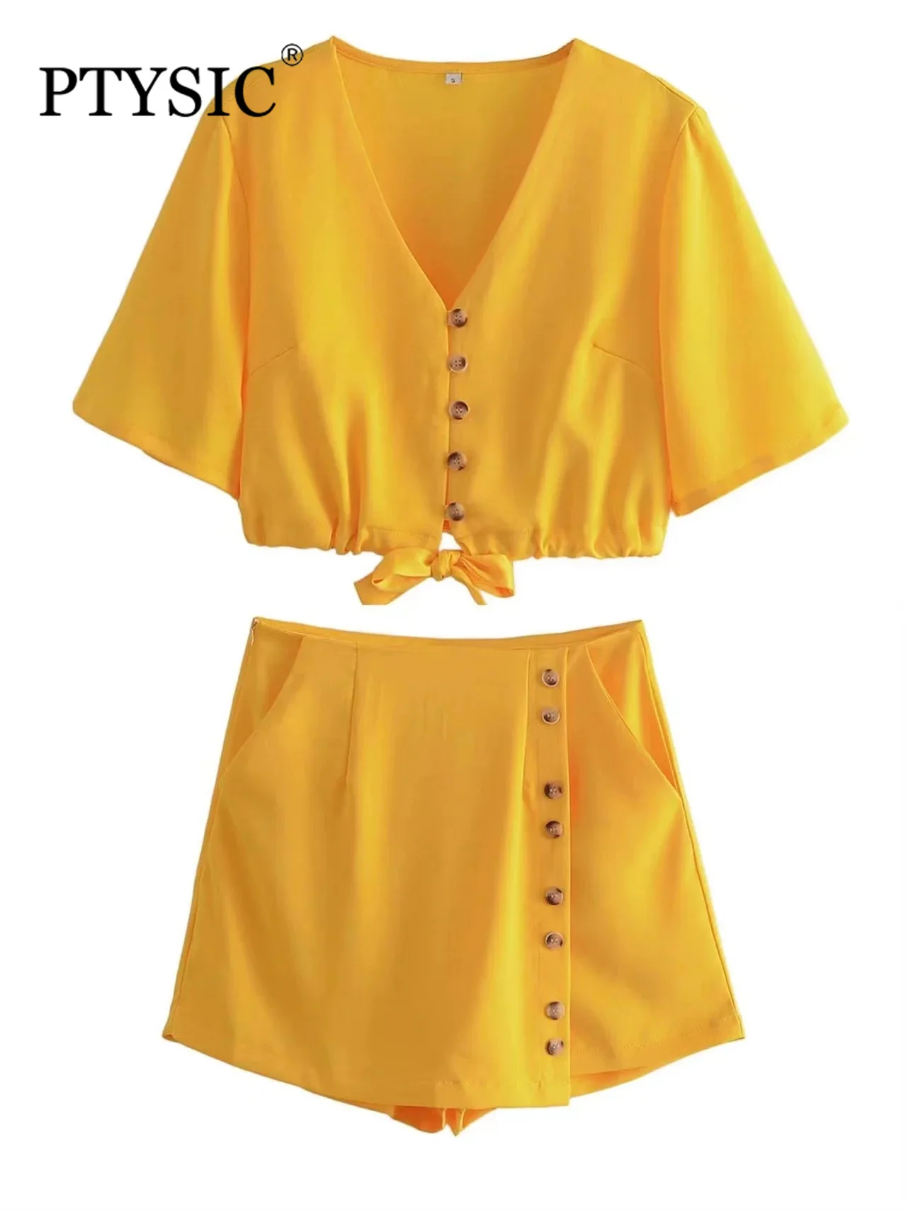 

PTYSIC Women Fashion Yellow Single Breasted Tied Cropped Shirts Buttoned Side Pocket Shorts Skirts Casual Two Piece Co-Ords Sets