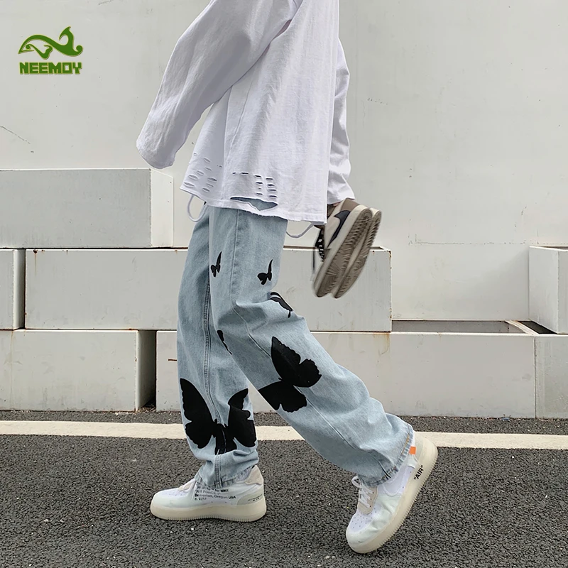 Neemoy Butterfly Print Jeans Men's Pants Streetwear Jeans Fashion Casual Denim Pants Stretch Straight Trousers Male Clothing