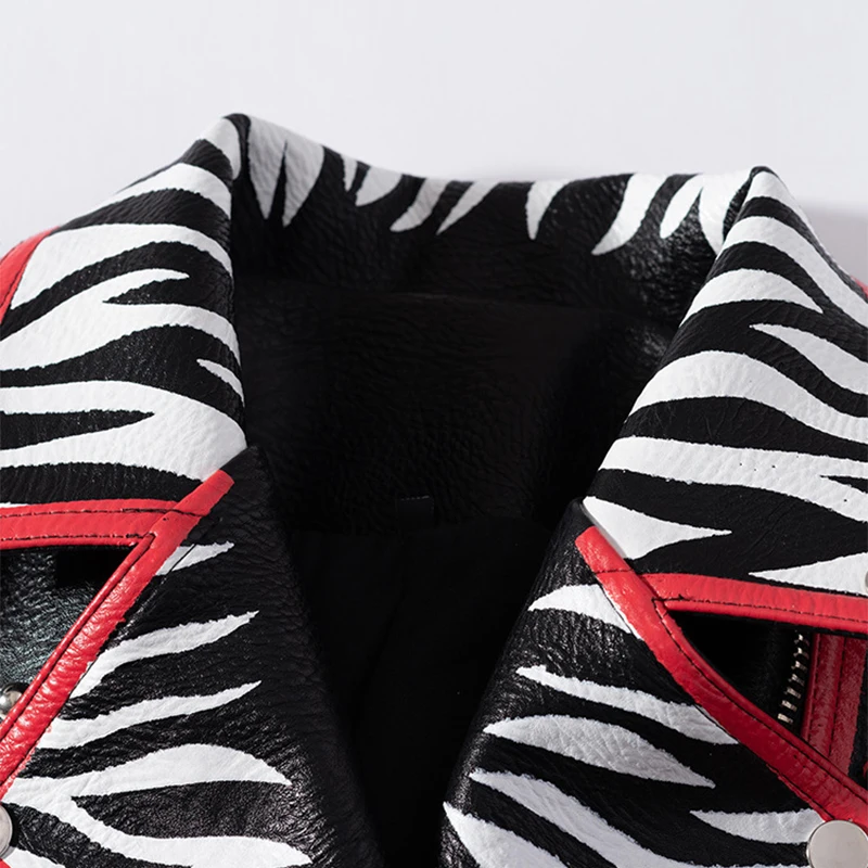 Graffiti Print Motorcycle Leather Jacket Women 2023 Trend Punk Rivets Streetwear Black Red Stitched Faux Leather Cropped Jacket