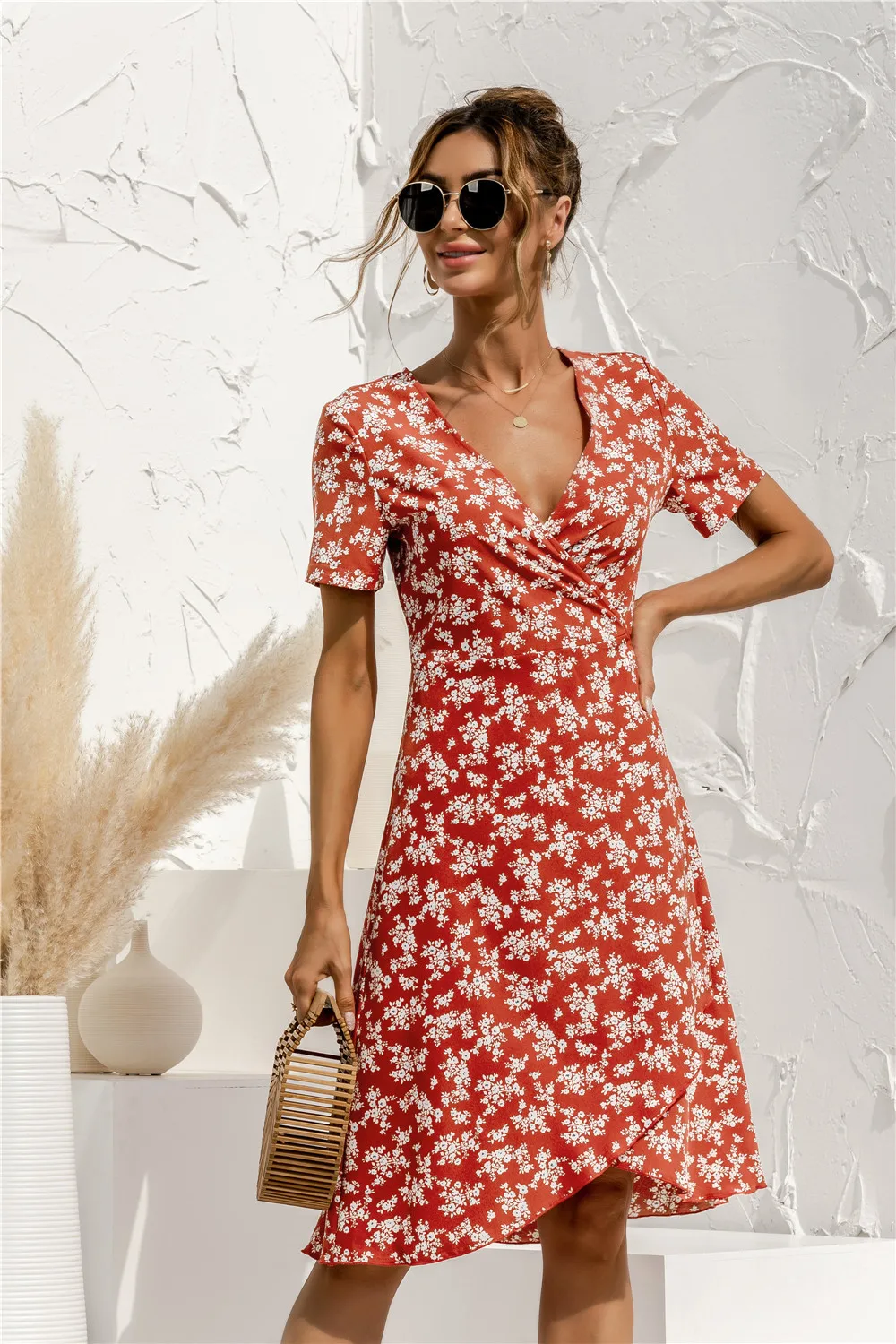 

Summer Sexy Dress V-neck Irregular Bandage Midi Sundress Flower Elegant Women Office Dresses Robe