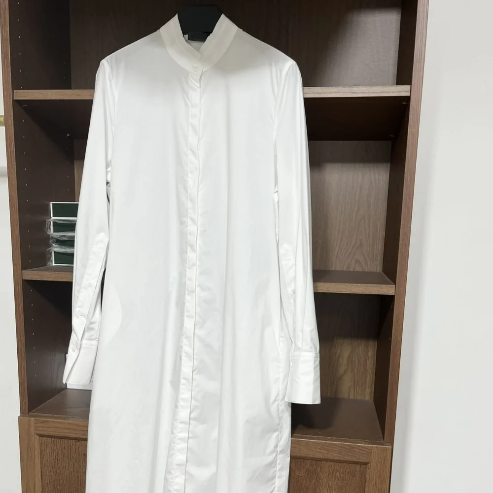 Minimalist Casual Loose Stand Collar Shirt Style Long Dress for Women