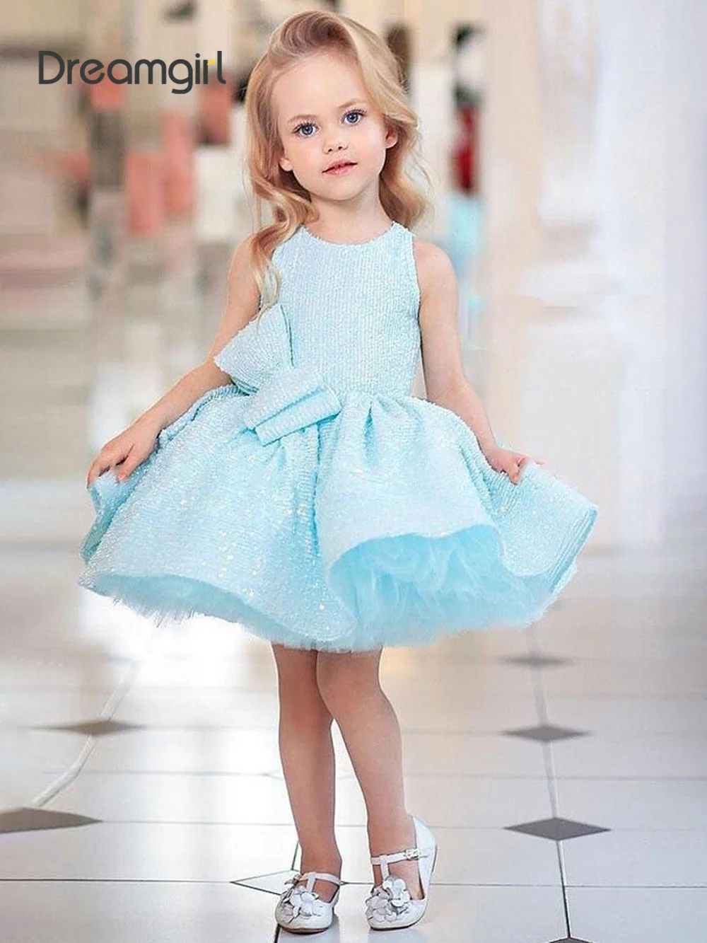 

Dreamgirl Glitter Flower Girl Dress Sky Blue Girl Dress Bow Wedding Party Dress Knee Princess Dress A Line Dress For Girls