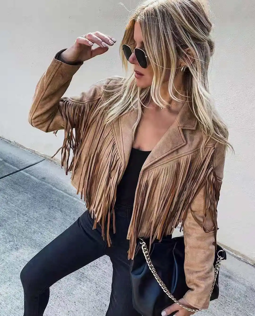 

New Fringe Bomber Jacket for Women Spring Fashion Long Sleeve Turn-down Collar Open Stitch Tassels Slim Jackets Female Outwear