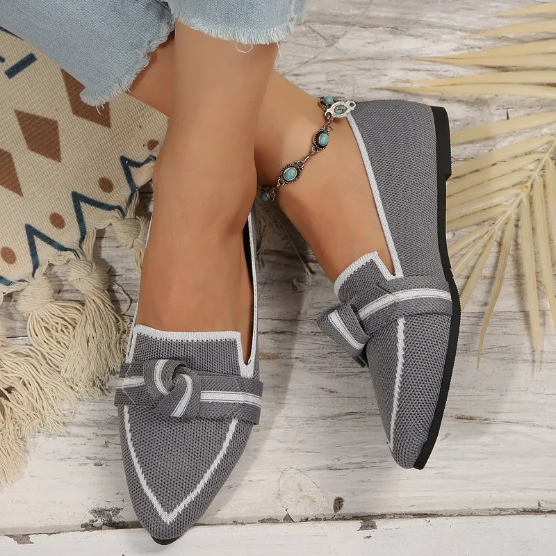 Женские лоферы на плоской подошве с бантом и острым носком сетчатая повседневная