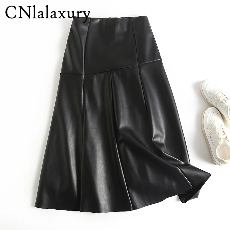 

CNlalaxury Autumn Woman Black PU Slim Fit Skirt Artificial Leather High Waist A Word Pleated Skirts Casual Solid Female Bottoms
