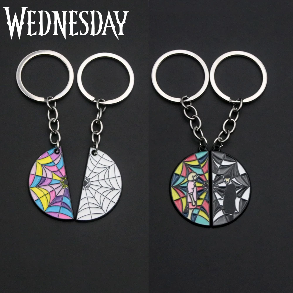 

Wednesday Addams Puzzle Keychain Ophelia Hall Glass Window Patchwork Round Couple Keyring For Men Women Backpack Car Key Ring