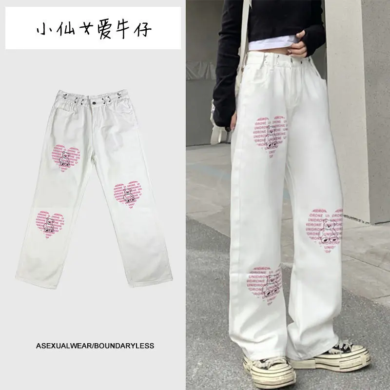 

The new 2022 bear love high waist jeans popular logo ins washed couple loose trousers of straight women