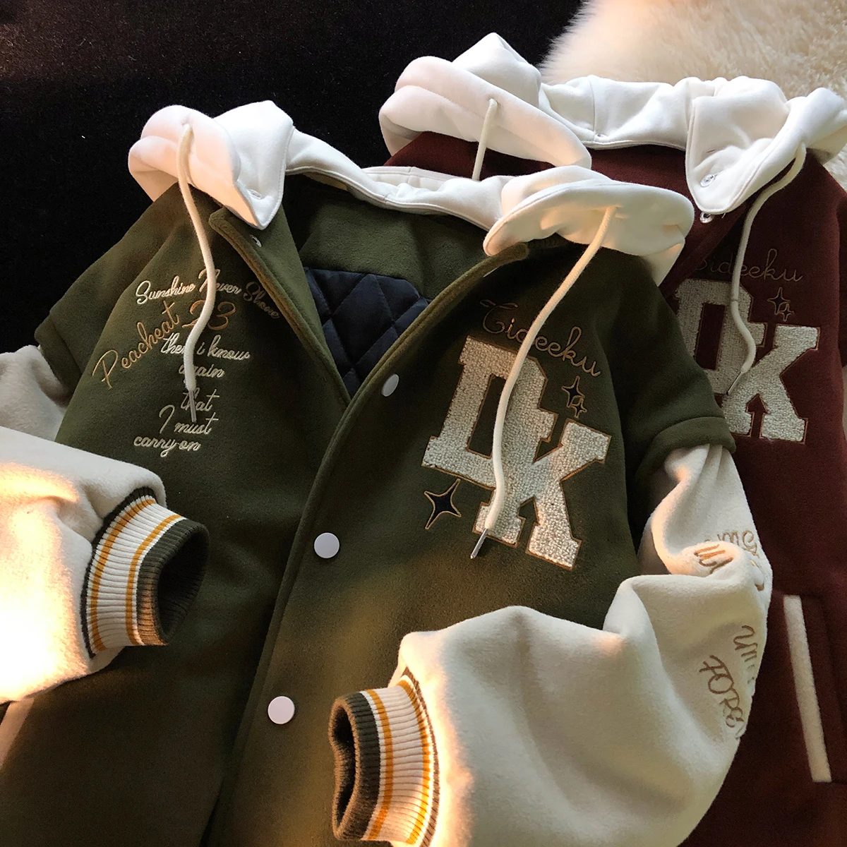 

Женская Ретро-куртка с капюшоном с вышивкой и надписью, зима 2022, уличная одежда, Лоскутная куртка-бомбер, корейская мода, свободный бейсбол