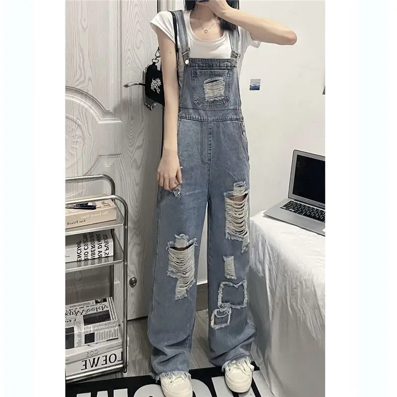 

Women Strap Denim Jumpsuit Silm Fit Jeans Rompers Vintage Casual Ripped Pocket Suspenders Overall Playsuit Ladies Pants G129