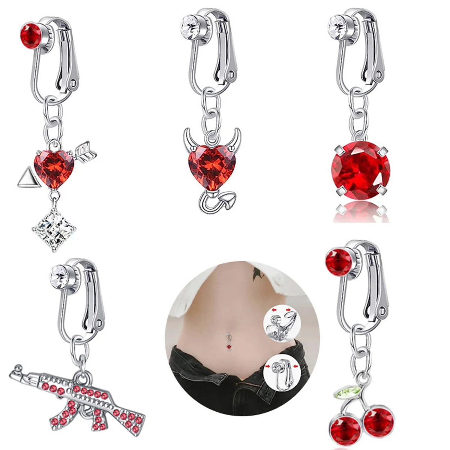 

1PC Fake Belly Ring Fake Piercing Heart Clip On Umbilical Non Navel Fake Pircing Red Crystal Cartilage Earring Clip Body Jewelry