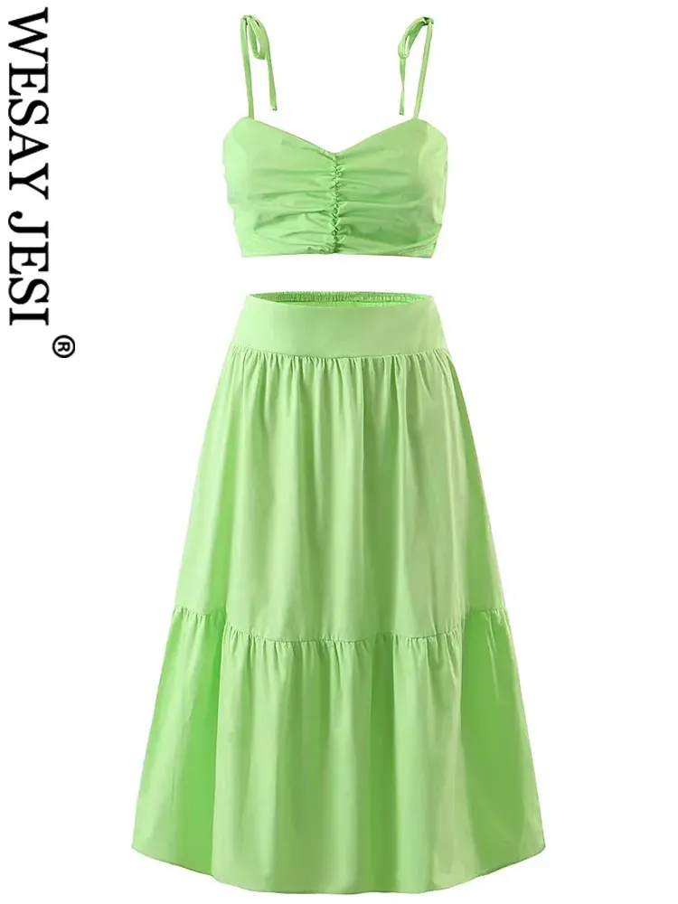 

WESAY JESI Women Summer Skirt Suit Bra-Style Pleated Slim Sexy Sling Top Short Solid Elastic + High Waist Ruffle Swing Skirt
