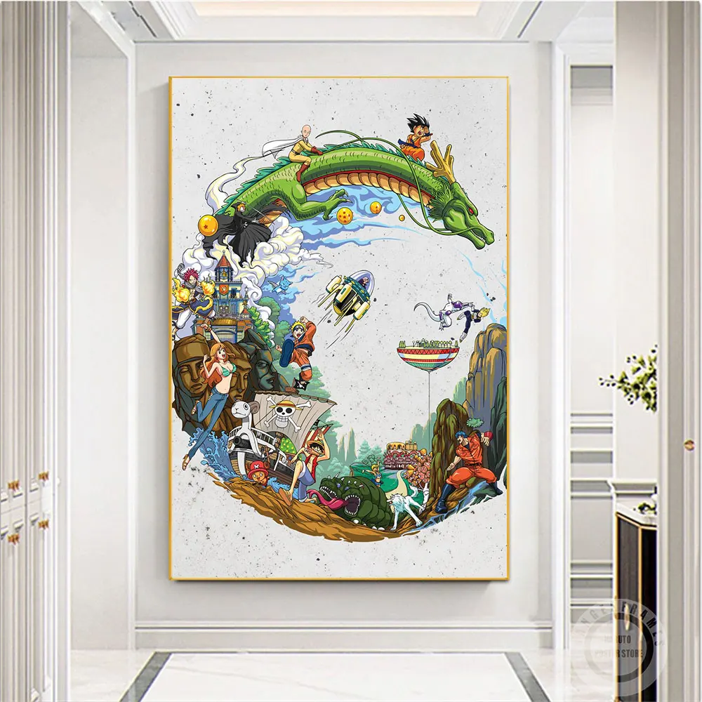 

Anime One Piece Dragon Ball NarutoTriple Poster Manga Canvas Painting Print Wall Art Pictures Living Kids Room Home Decoration