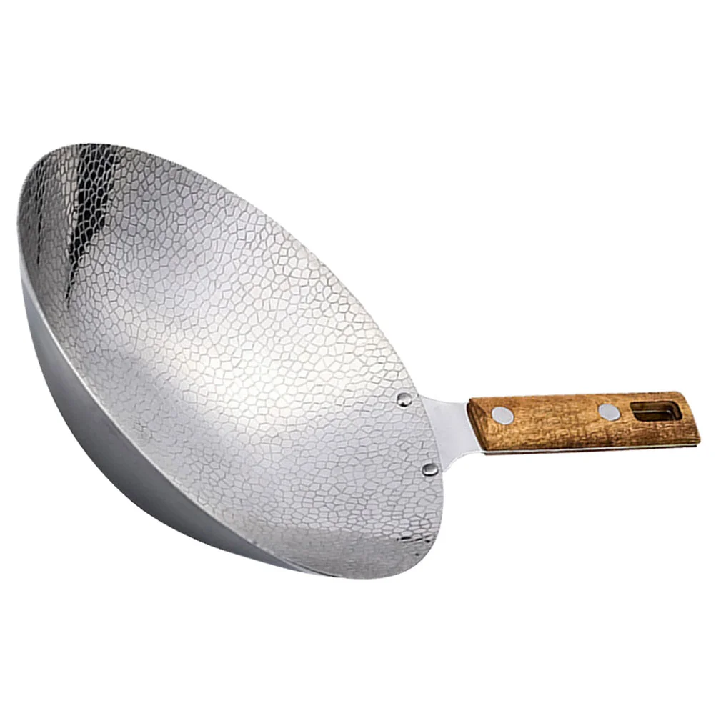 

Stainless Steel Griddle Wok Stir-fry Pan Metal Home Kitchen Portable Cooking Utensils Wooden Handle Stove Supply