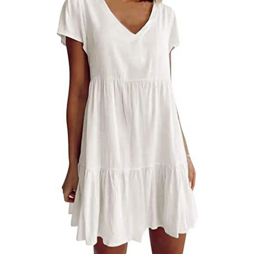 

Simple Design Lady Dress V Neck Short Sleeve Breathable Casual Solid Color Summer Women Shirt Dress for Daily Wear
