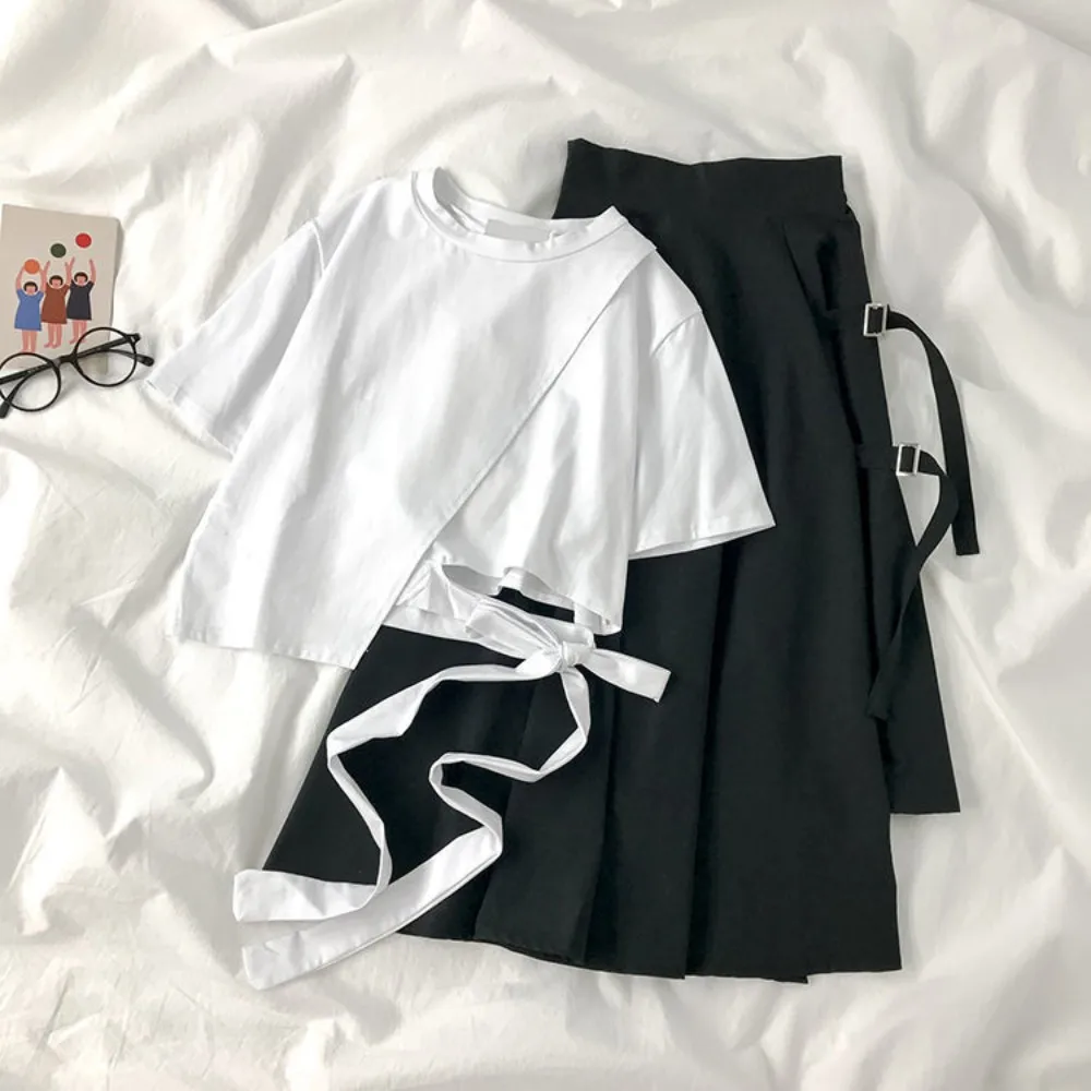 

2023 Summer Fashion Women Two Pieces Set O-neck Asymmetrical Bandage White Short Sleeves Mid-Calf Black Skirt Plus Size Korean