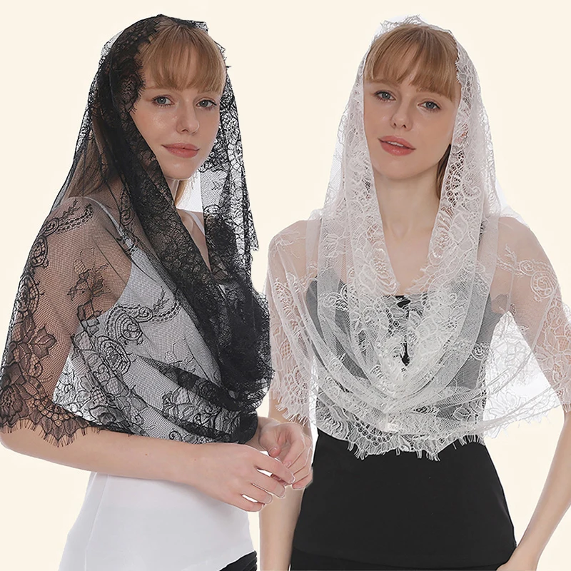 

Embroidered Scarf for Church Shawl with Spanish Fringes Christian Veil Spanish Mantilla Lace Shawl Floral Women Handkerchief