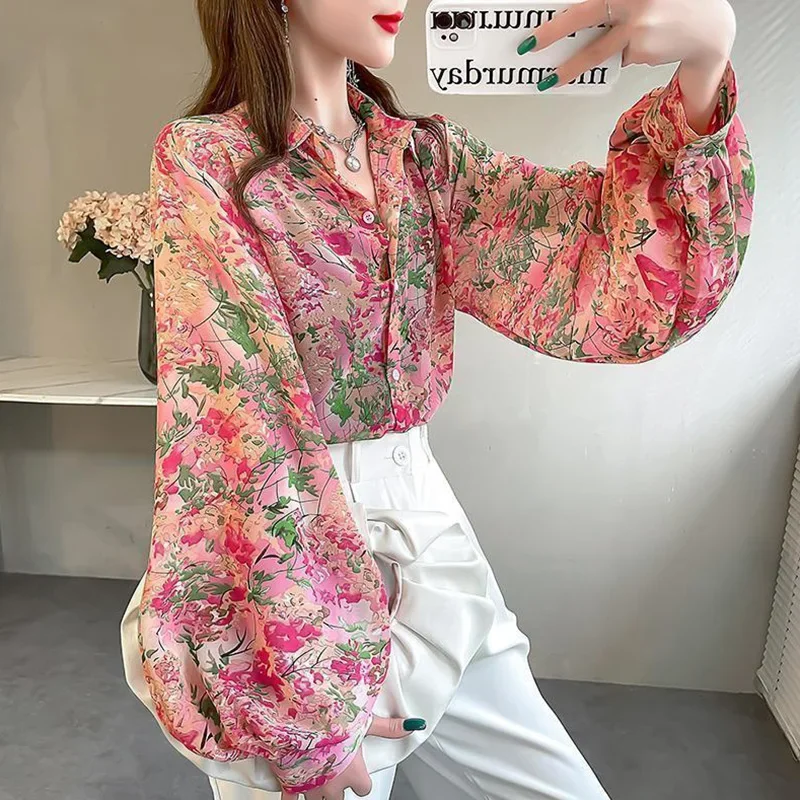 Модная свободная шифоновая рубашка с рукавами-фонариками и принтом женская