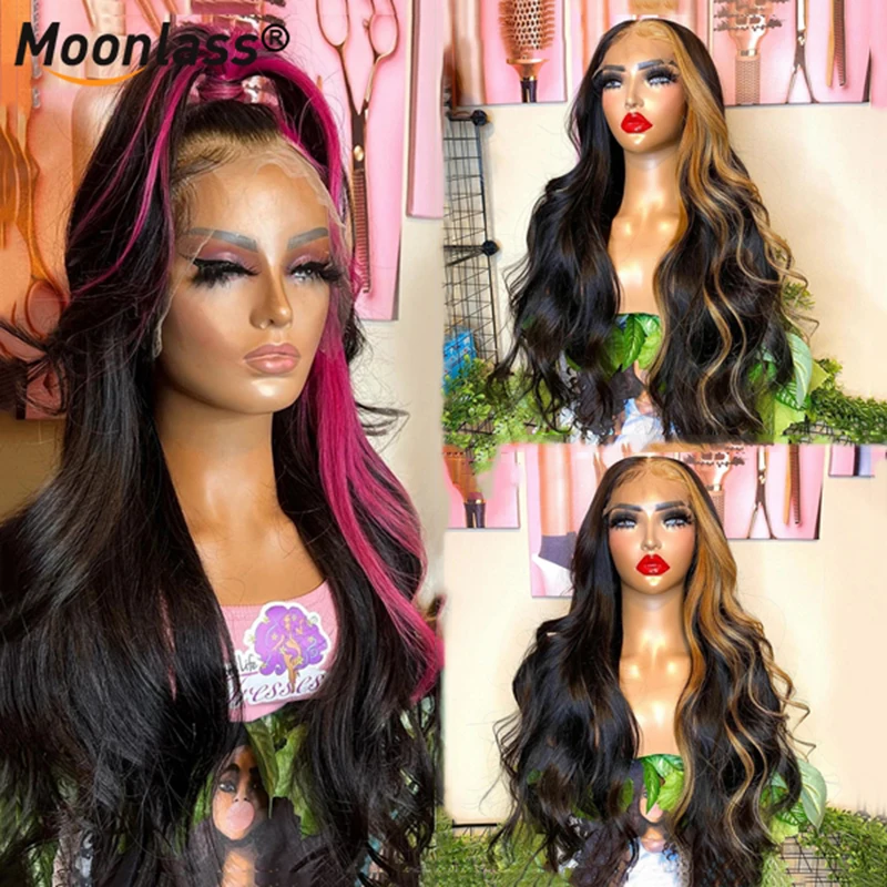 

30 Inch Hot Pink Highlight Human Hair Wig Body Wave Wig HD Transparent Blonde Lace Front Wig Brazilian Virgin Human Hair Wigs
