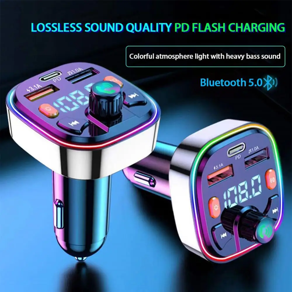 

Car Bluetooth 5.0 FM Transmitter 20W PD Type-c Fast Dual USB Fast Charger LED Backlit Atmosphere Light MP3 Player Lossless Music
