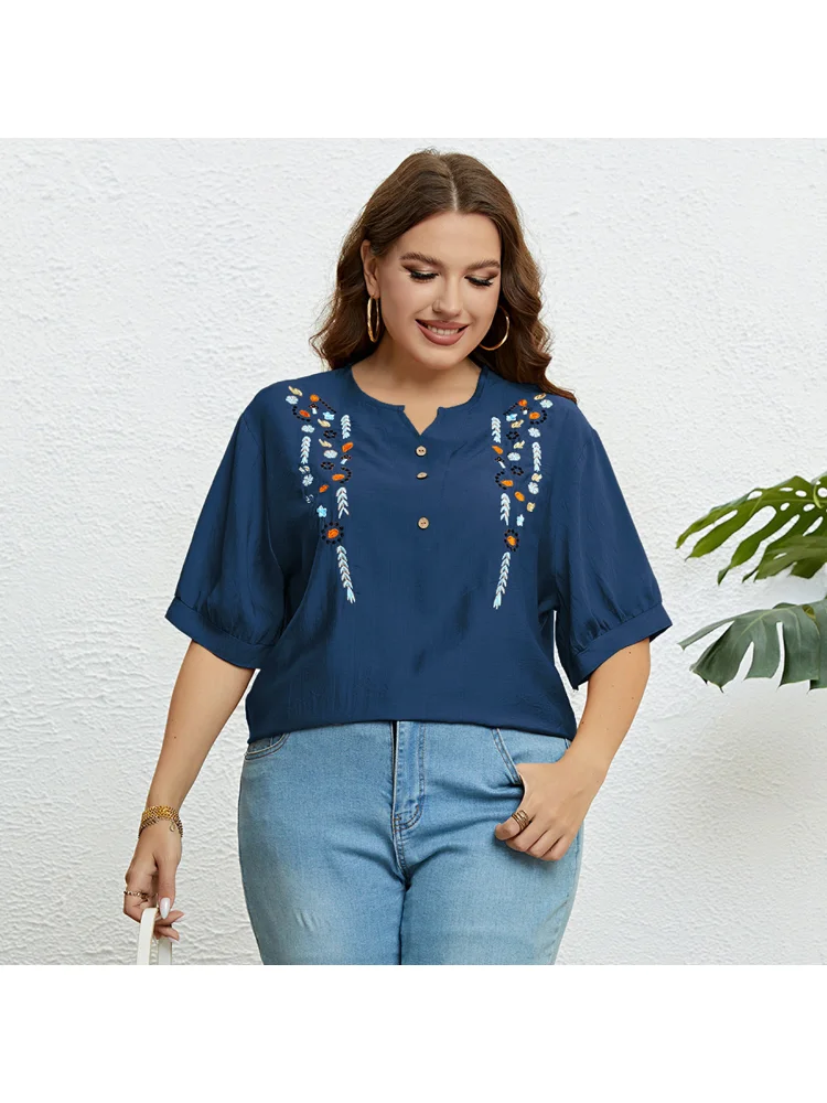 Embroidered Art Loose Casual Top blusas plus size mujer
