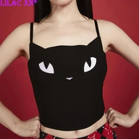 gothic black cat embroidery camis sexy backless corset crop tops for women girls y2k aesthetic vintage summer basic tank tops