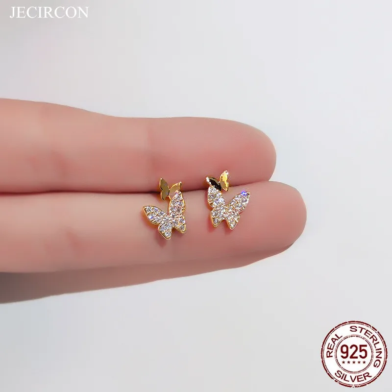 

JECIRCON Cute Super Fairy Butterfly 925 Sterling Silver Stud Earrings Simple Mini Crystal Piecring Earrings Fine Jewelry Gift