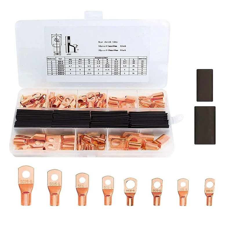 

140Pcs AWG Copper Wire Lugs With Heat Shrink Set, Battery Cable Ends Closed End Tubular Ring Terminals Connectors