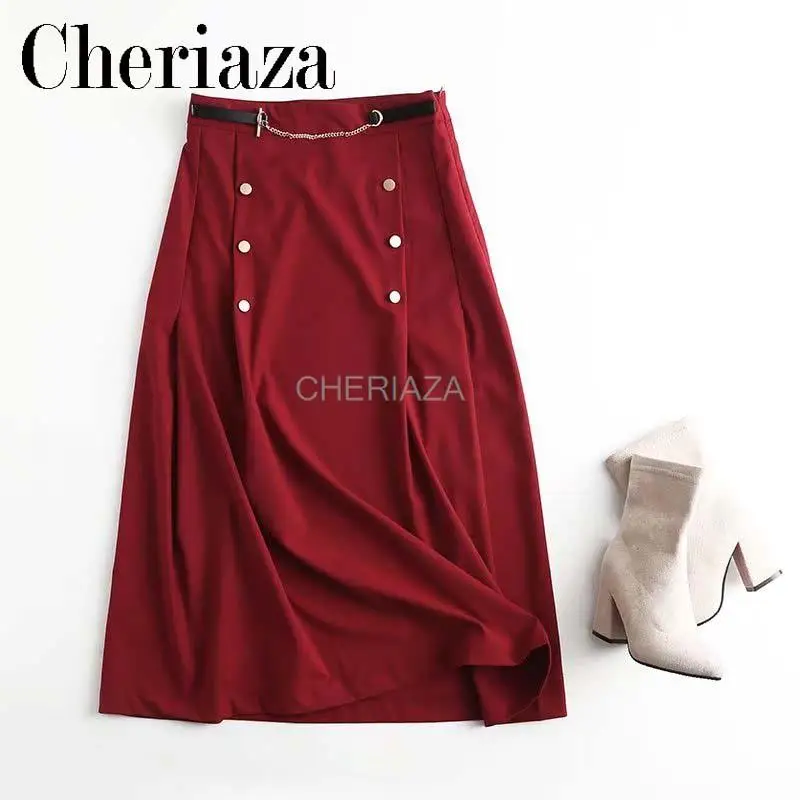 

CHeriaza Spring/Summer New Double forehead Bee Chain High Waist Button Decoration Large Swing Half Dress for Women
