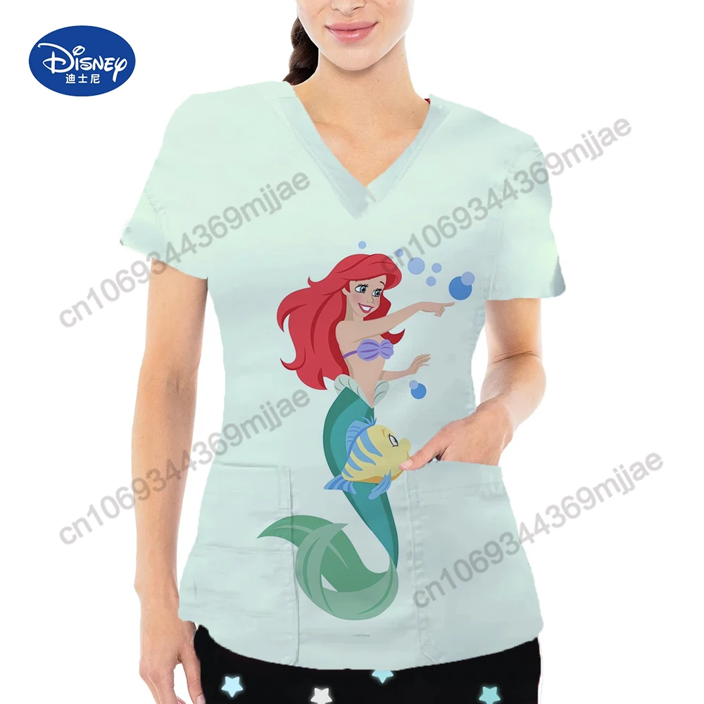

V-neck Woman Clothing Nurse Uniform Tshirt Disney Korean Fashion Woman Blouse 2023 Pocket Women's -shir T Shirt for Women Yk2