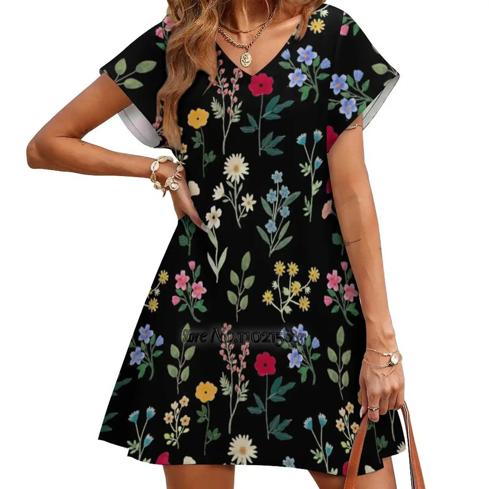 

Весеннее Ботаническое черное модное уличное платье, свободная юбка с V-образным вырезом и коротким рукавом, повседневная Вечерние юбка 5Xl, Ц...