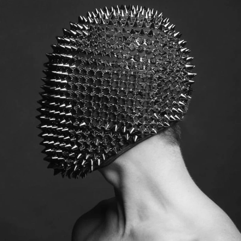 

Black Rivet Rhinestones Mask Silver Headwear Male Female Dancer Performance Accessories Face Jewelry Nightclub DJ Singer Stage