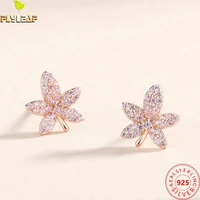 real 925 sterling silver jewelry pink zircon maple leaf stud earrings for women rose gold plating teenage girl luxury accessorie
