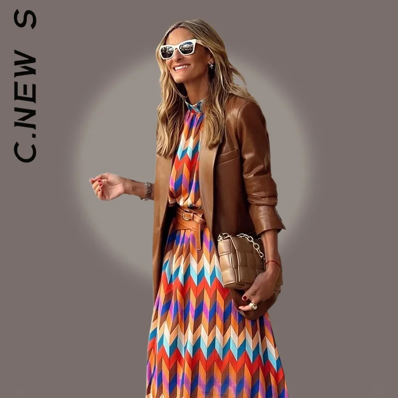 Женское длинное платье с высоким воротом винтажное принтом и рукавом 2022 в