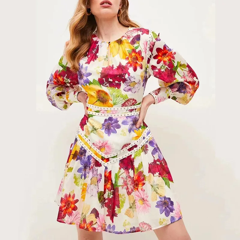 

Red Floral Floral Short Skirt 2022 Fall New Round Neck Puff Sleeve Print Tie-Dye Ruffle Dress Women