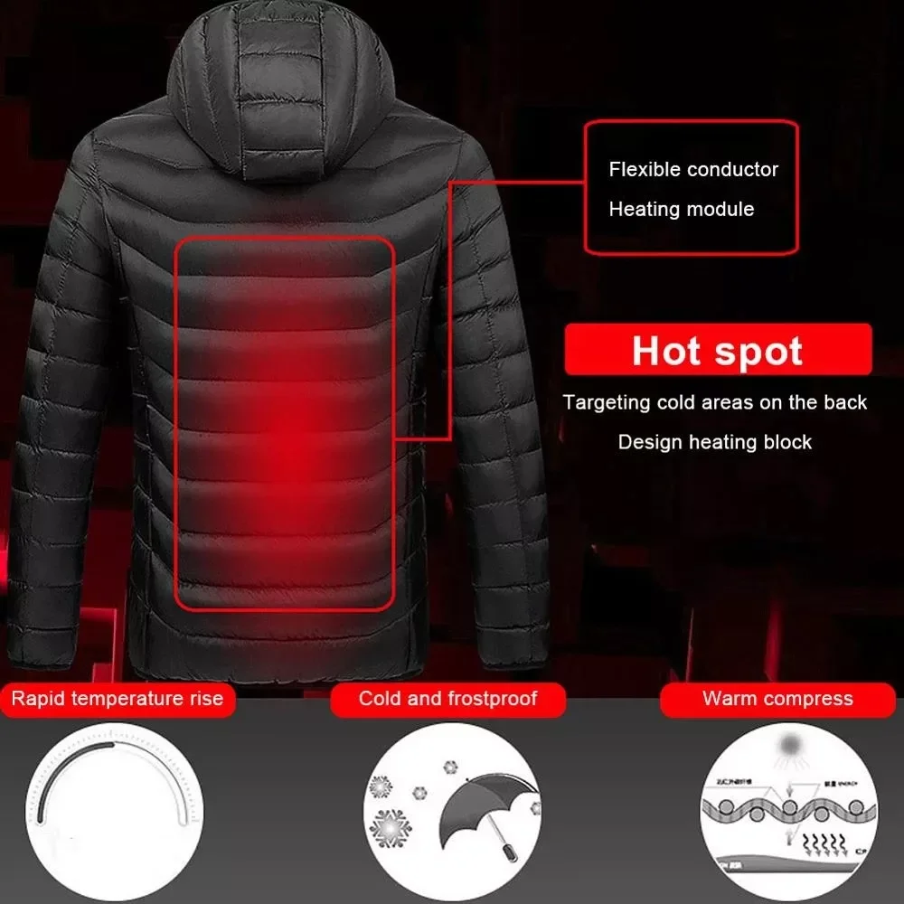 9 area heating Jackets Female Winter Warm USB Heating Jackets Smart Thermostat Hooded Heated Clothing Large size 4XL
