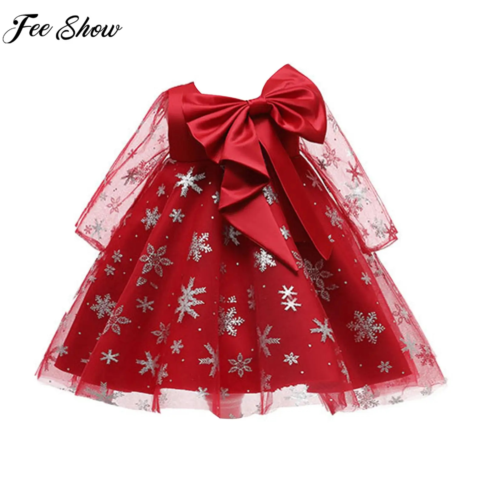 

Kids Girls Elegant Christening Birthday Party Dress Long Sleeve Snowflake Cute Bowknot Tutu Princess Dress for Wedding Prom