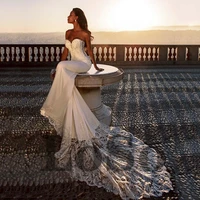 luxury mermaid wedding dress strapless buttons exquisite appliques beading soft satin mopping gown vestido de novia women