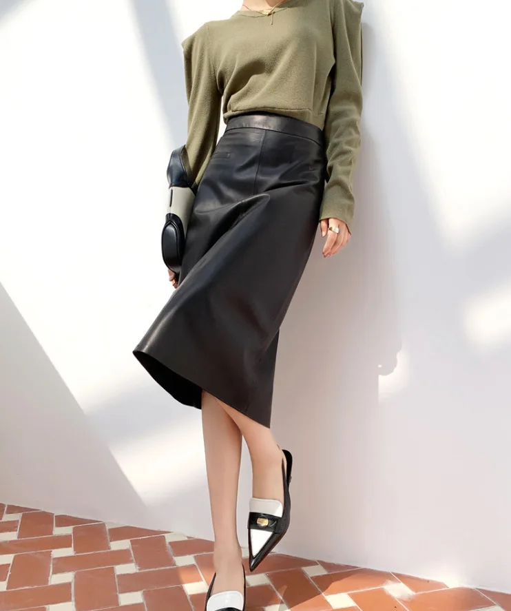 Женская юбка из натуральной овечьей кожи средней длины с высокой талией 2024