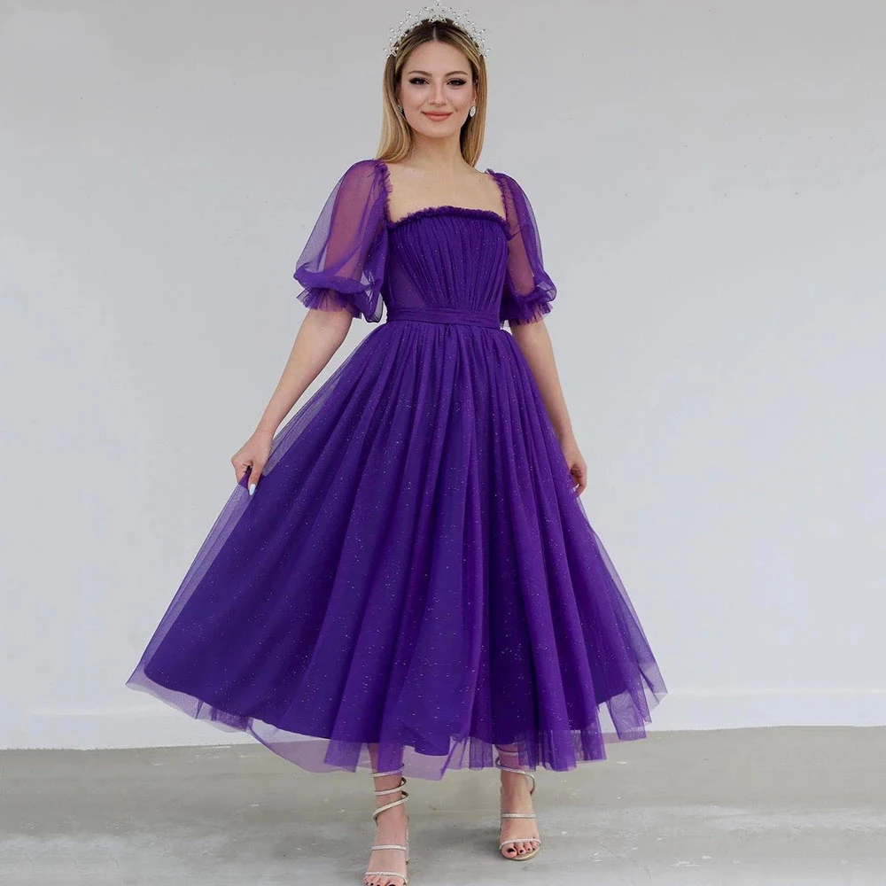 

Purple Glitter A Line Prom Dress Half Sleeve Square Collar Shinning Homecoming Party Gowns Tea Length Tulle Graudation Dresses