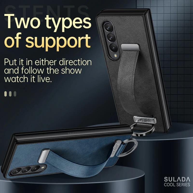 

Wristband Leather Case For Samsung Galaxy Z Fold 3 4 Fold3 Fold4 5G Stand Cover Luxury Business Stretchable Wrist Band
