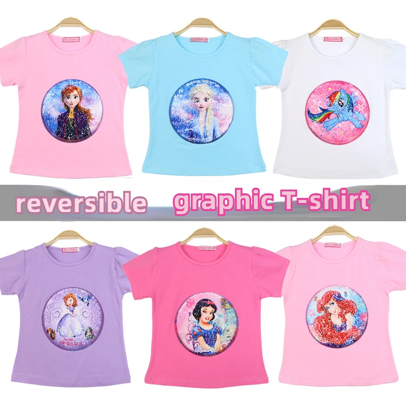 

Princess Mermaid Frozen Elsa Children's Short-sleeved T-shirt Convertible Pattern Girls' New Cotton Short-sleeved Top Sequins
