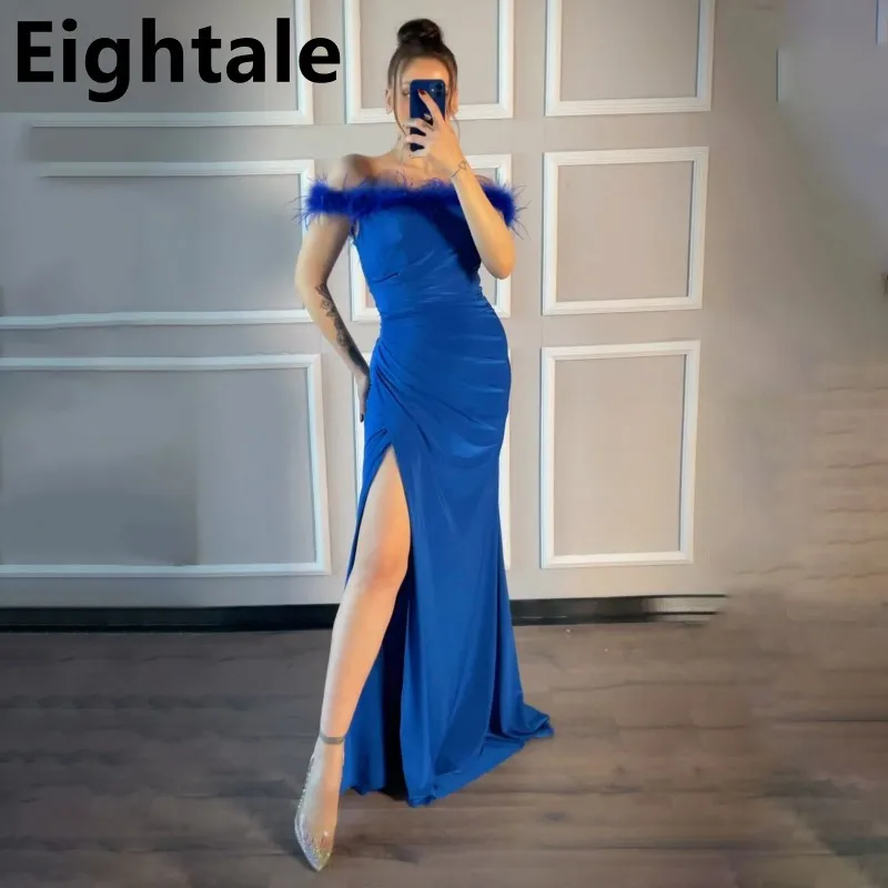 

Eightale 2023 Royal Blue Mermaid Satin Evening Dress Feathers Off Shoulder Sexy Slit Prom Dress For Wedding Party Robe de soiree