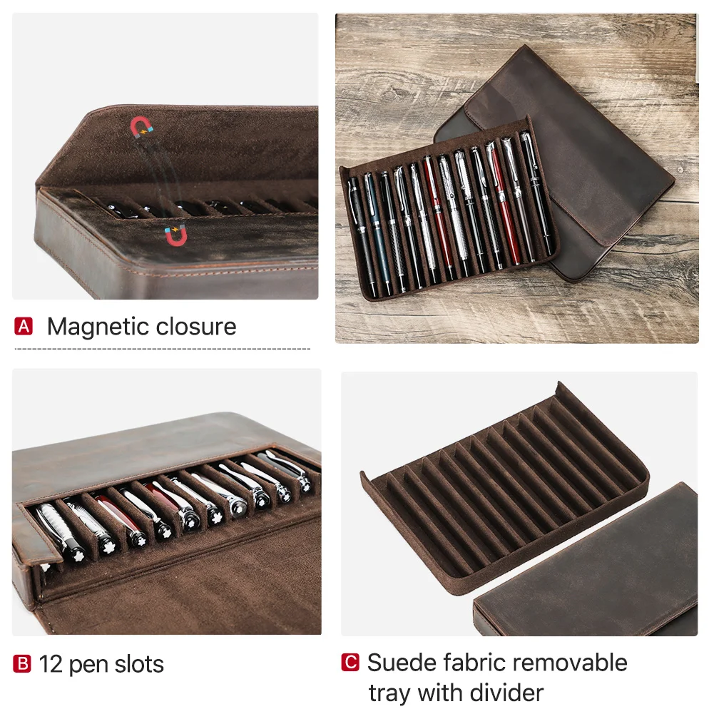 Kup Handmade Retro Skóra Crazy Horse 12 Slotów Piórnik Pen Organizer Pudełko Do Przechowywania Dorosłych Mężczyzn Biuro Luksusowe Artykuły Papiernicze O Dużej Pojemności