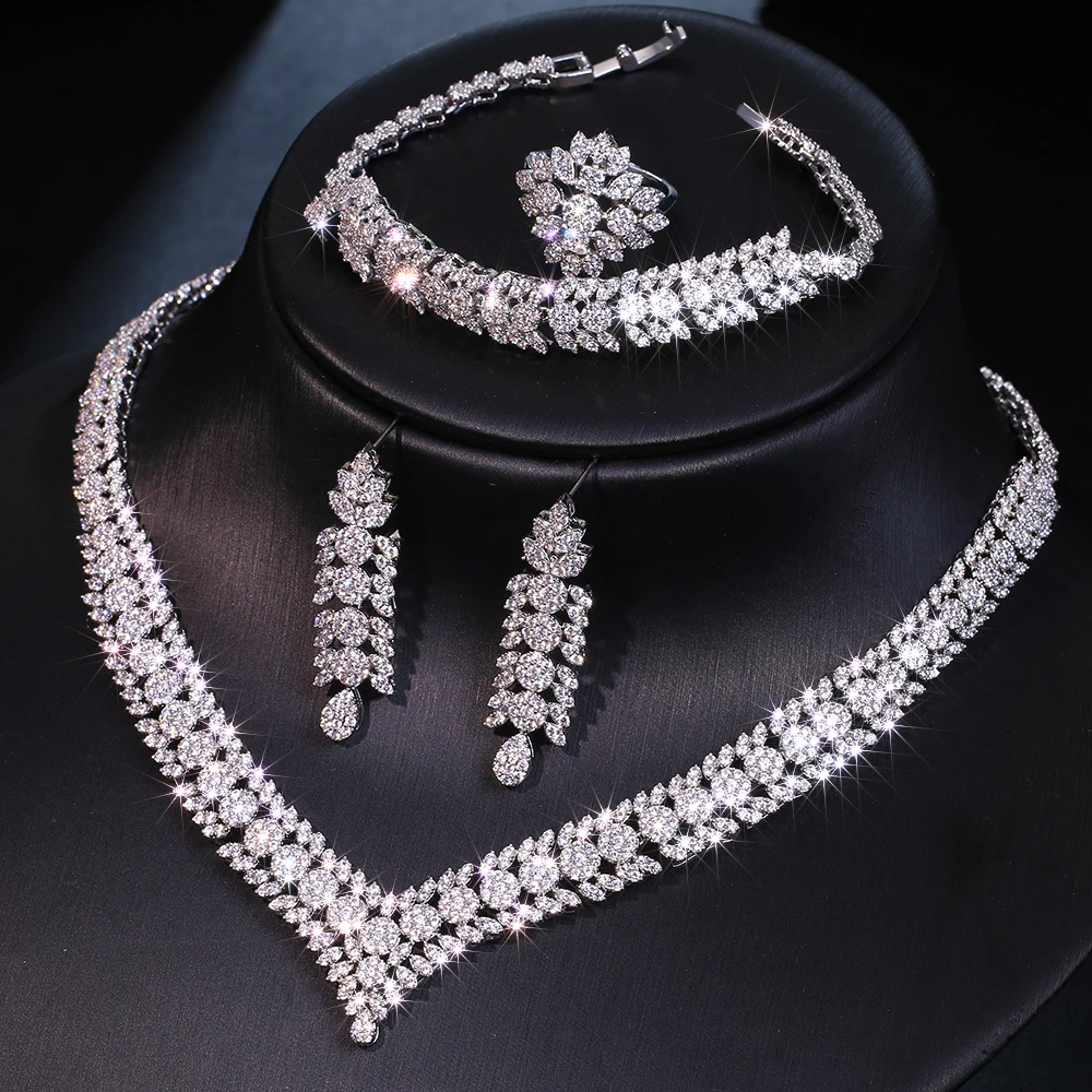 

Emmaya Charming Necklace And Earring Cubic Zircon Decoration For Female Exquisite Flower Design Ring Banquet Jewelry Set