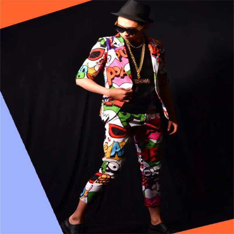 Nightclub suits mens blazers male singer stage song with new graffiti set big-name bar costume accessories