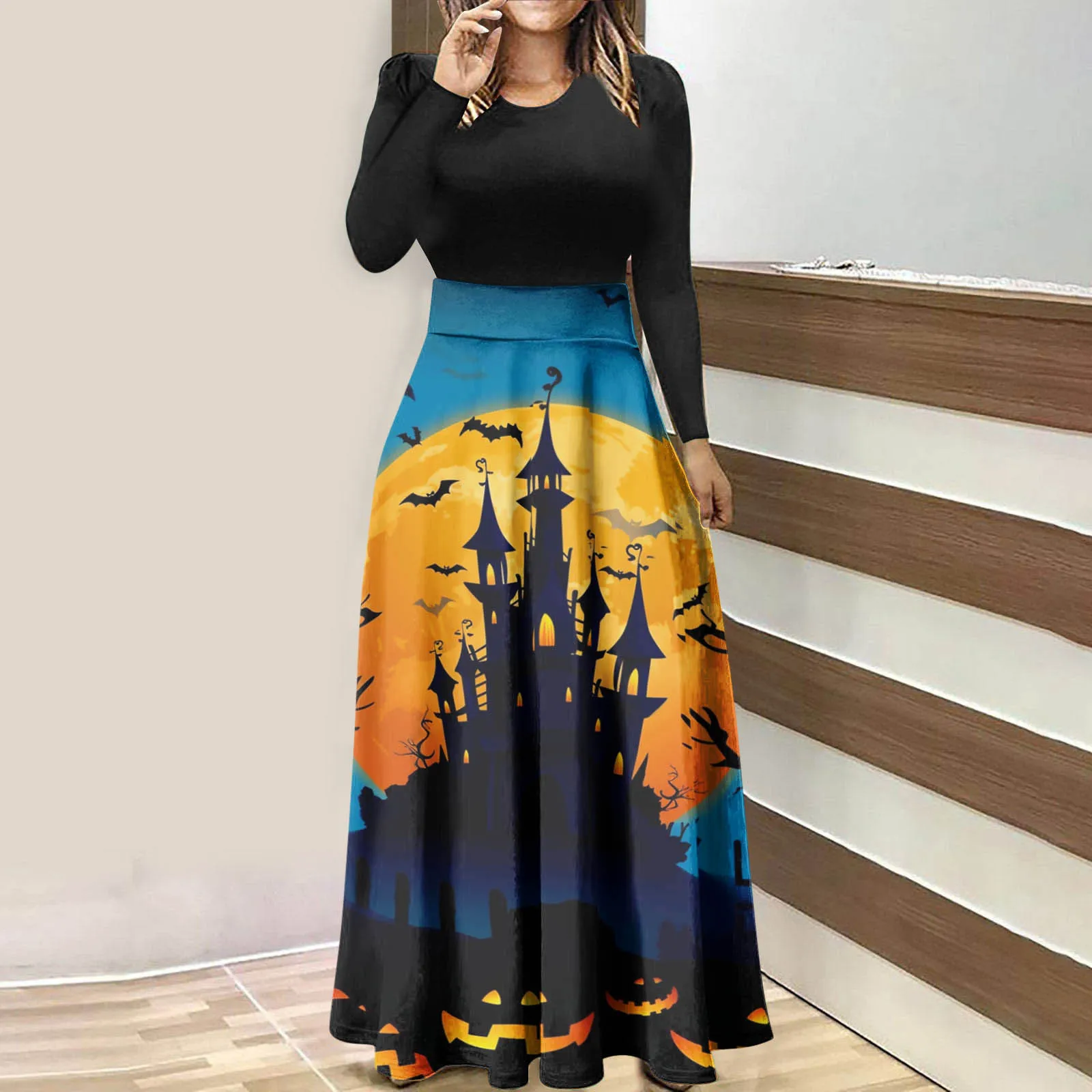 

Женские платья на Хэллоуин с длинным рукавом, платье с круглым вырезом и высокой талией, модное длинное платье с графическим рисунком, короткое платье с карманами