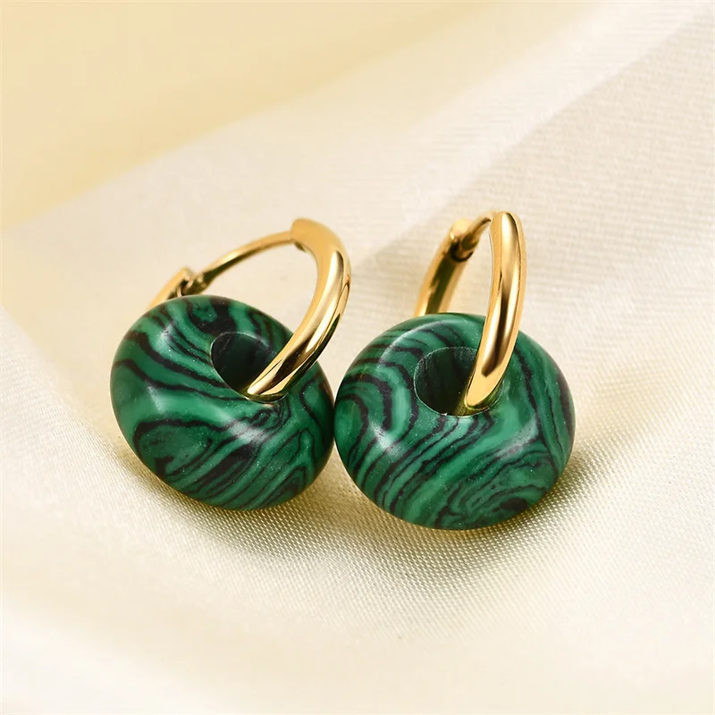 

YW GAIRU Simple 304 Stainless Steel Black Onyx Malachite Circle Earring Luxury Bohemian Green Opal Gold Hoop Earrings Jewelry