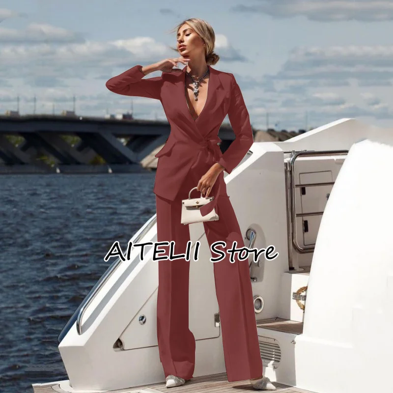 2023 Women's Suit Two-piece Suit Fashion Pure White Handsome Lapel Collar (Jacket + Trousers) Belt Deep V Suitable for Business